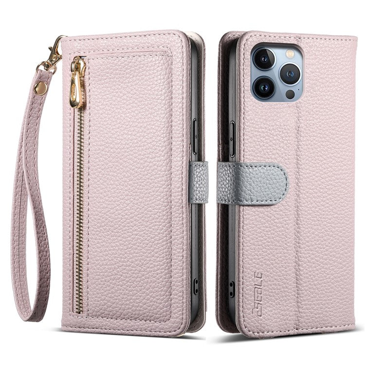 ESEBLE E11 For iPhone 14 Pro Max Case Zipper Pocket Litchi Texture Leather Phone Cover with Mirror and Wrist Strap - TechGearPal