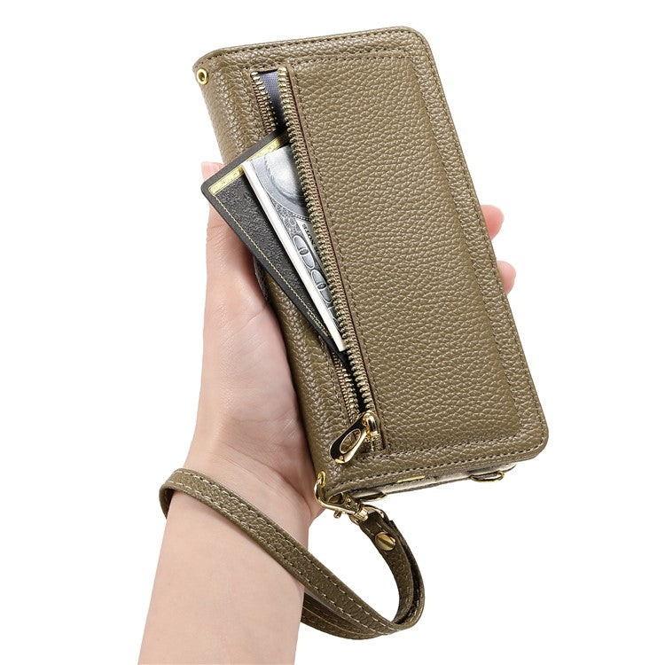 ESEBLE E11 For iPhone 14 Pro Case Zipper Pocket Litchi Texture Leather Phone Cover with Mirror and Wrist Strap - TechGearPal