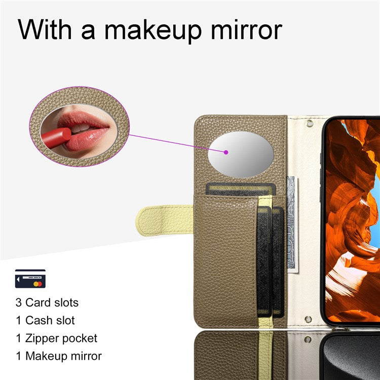 ESEBLE E11 For iPhone 14 Pro Case Zipper Pocket Litchi Texture Leather Phone Cover with Mirror and Wrist Strap - TechGearPal