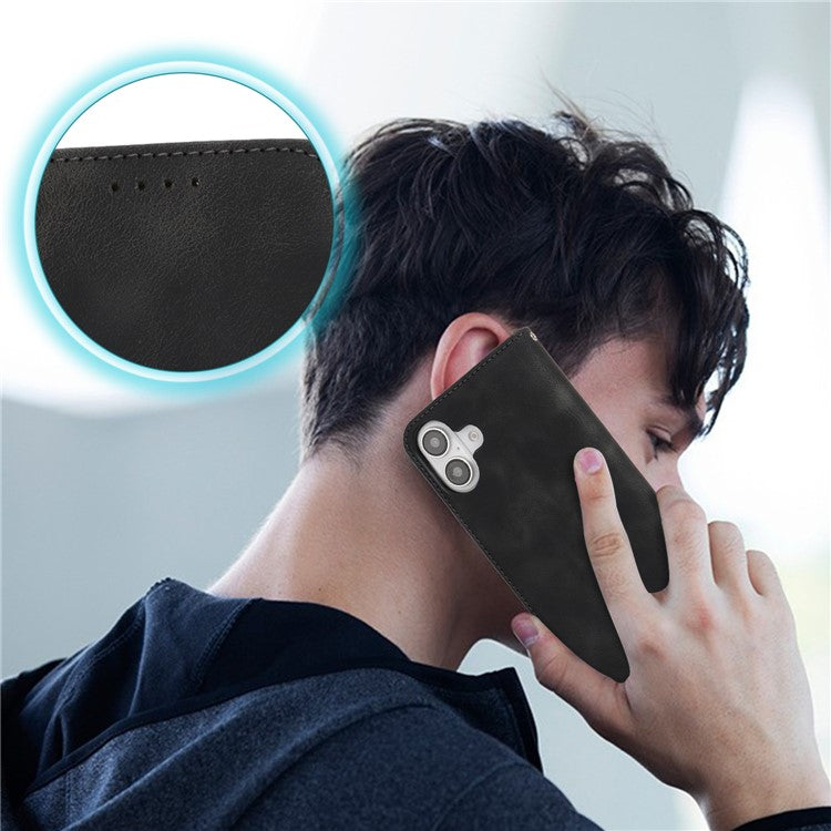 For iPhone 16 Stand Case Magnetic Closure Skin Touch Leather Flip Phone Cover with Wallet - TechGearPal
