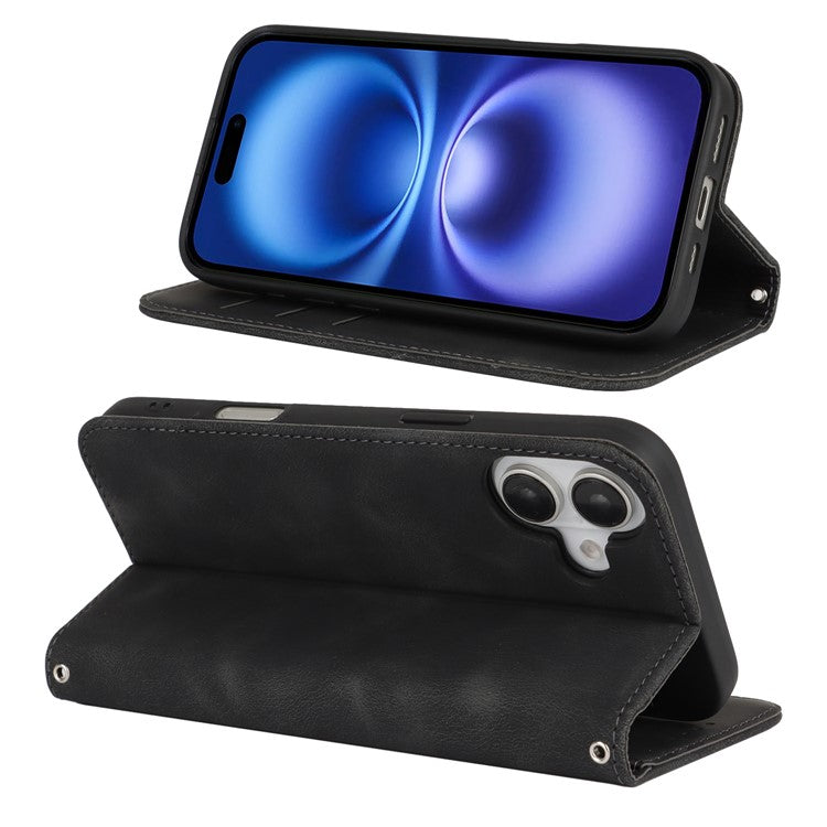 For iPhone 16 Stand Case Magnetic Closure Skin Touch Leather Flip Phone Cover with Wallet - TechGearPal