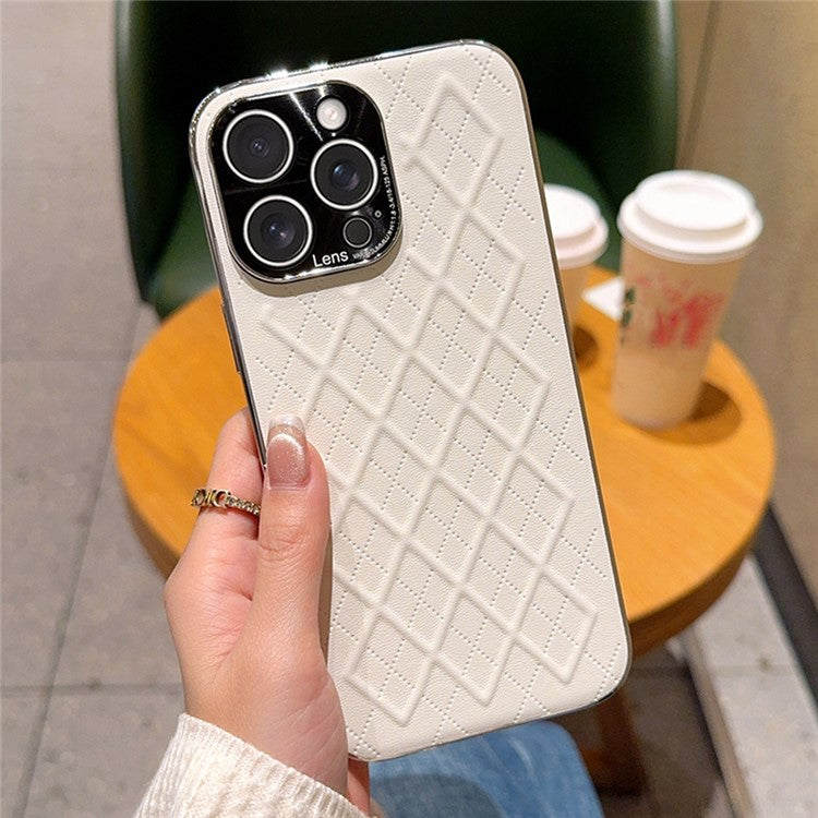 For iPhone 15 Pro Max Case Electroplated Silver Edge Rhombus Pattern PC + PU Leather Phone Back Cover - TechGearPal