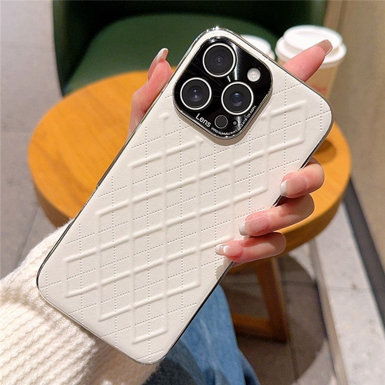 For iPhone 15 Pro Max Case Electroplated Silver Edge Rhombus Pattern PC + PU Leather Phone Back Cover - TechGearPal