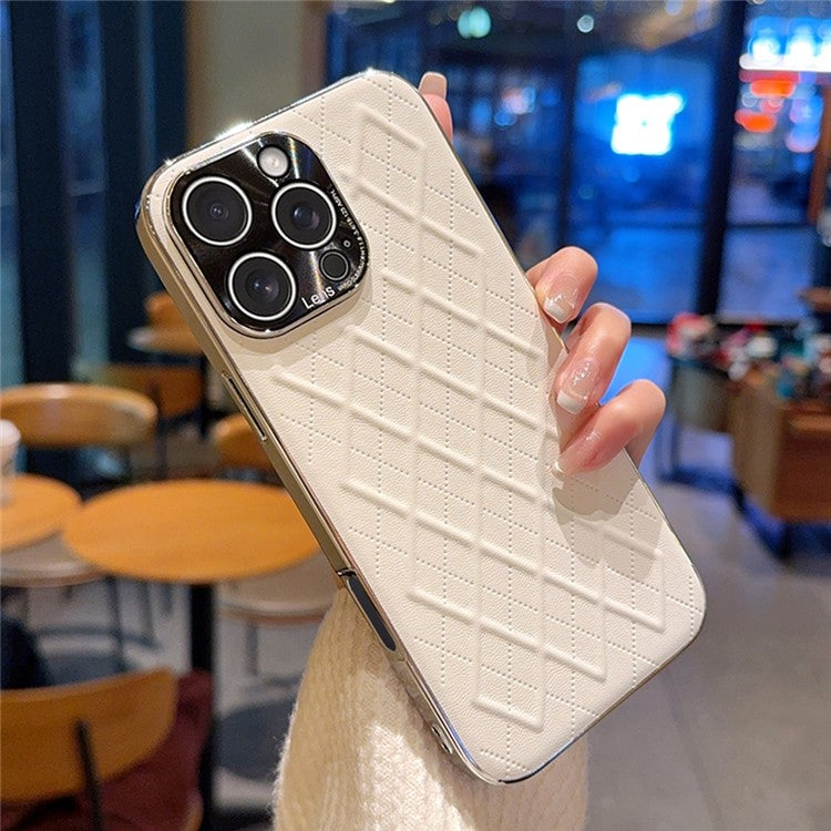For iPhone 15 Pro Max Case Electroplated Silver Edge Rhombus Pattern PC + PU Leather Phone Back Cover - TechGearPal