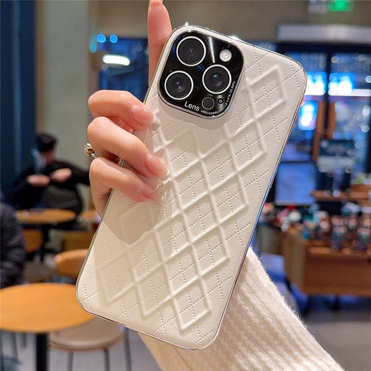 For iPhone 15 Pro Max Case Electroplated Silver Edge Rhombus Pattern PC + PU Leather Phone Back Cover - TechGearPal