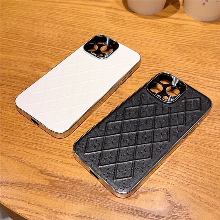 For iPhone 15 Pro Max Case Electroplated Silver Edge Rhombus Pattern PC + PU Leather Phone Back Cover - TechGearPal