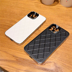 For iPhone 15 Pro Max Case Electroplated Silver Edge Rhombus Pattern PC + PU Leather Phone Back Cover - TechGearPal