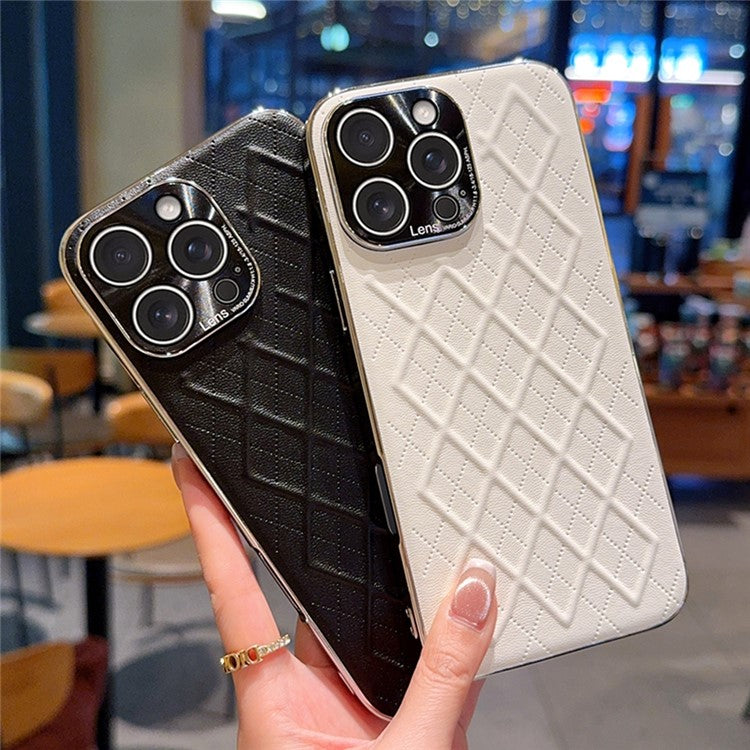 For iPhone 15 Pro Max Case Electroplated Silver Edge Rhombus Pattern PC + PU Leather Phone Back Cover - TechGearPal