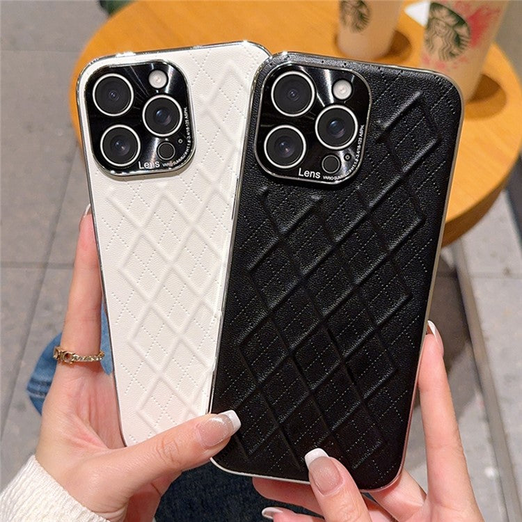 For iPhone 15 Pro Max Case Electroplated Silver Edge Rhombus Pattern PC + PU Leather Phone Back Cover - TechGearPal