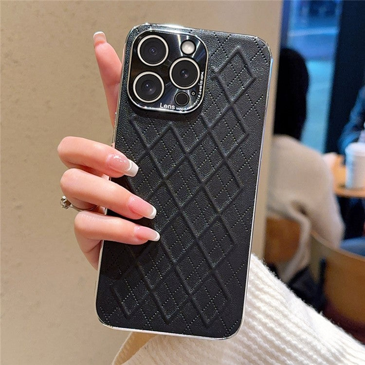 For iPhone 15 Pro Max Case Electroplated Silver Edge Rhombus Pattern PC + PU Leather Phone Back Cover - TechGearPal