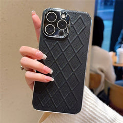 For iPhone 15 Pro Max Case Electroplated Silver Edge Rhombus Pattern PC + PU Leather Phone Back Cover - TechGearPal