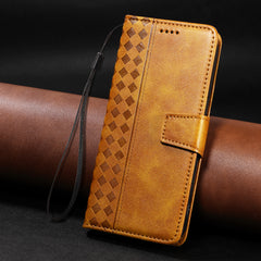 For iPhone 15 Pro Max Leather Case Wallet Stand Grids Imprinted Phone Cover with Strap - TechGearPal