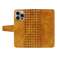 For iPhone 15 Pro Max Leather Case Wallet Stand Grids Imprinted Phone Cover with Strap - TechGearPal