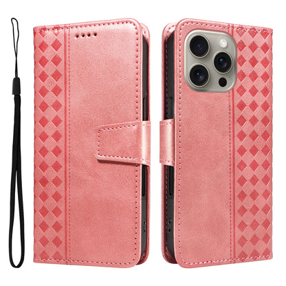 For iPhone 15 Pro Max Leather Case Wallet Stand Grids Imprinted Phone Cover with Strap - TechGearPal
