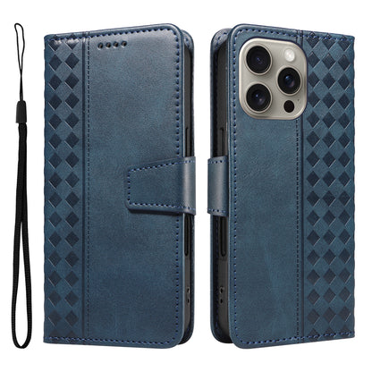 For iPhone 15 Pro Max Leather Case Wallet Stand Grids Imprinted Phone Cover with Strap - TechGearPal