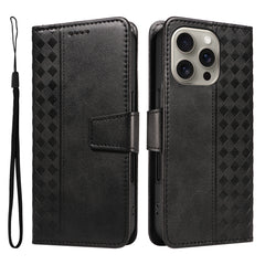 For iPhone 15 Pro Max Leather Case Wallet Stand Grids Imprinted Phone Cover with Strap - TechGearPal