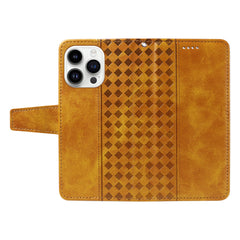 For iPhone 14 Pro Max Leather Case Wallet Stand Grids Imprinted Phone Cover with Strap - TechGearPal
