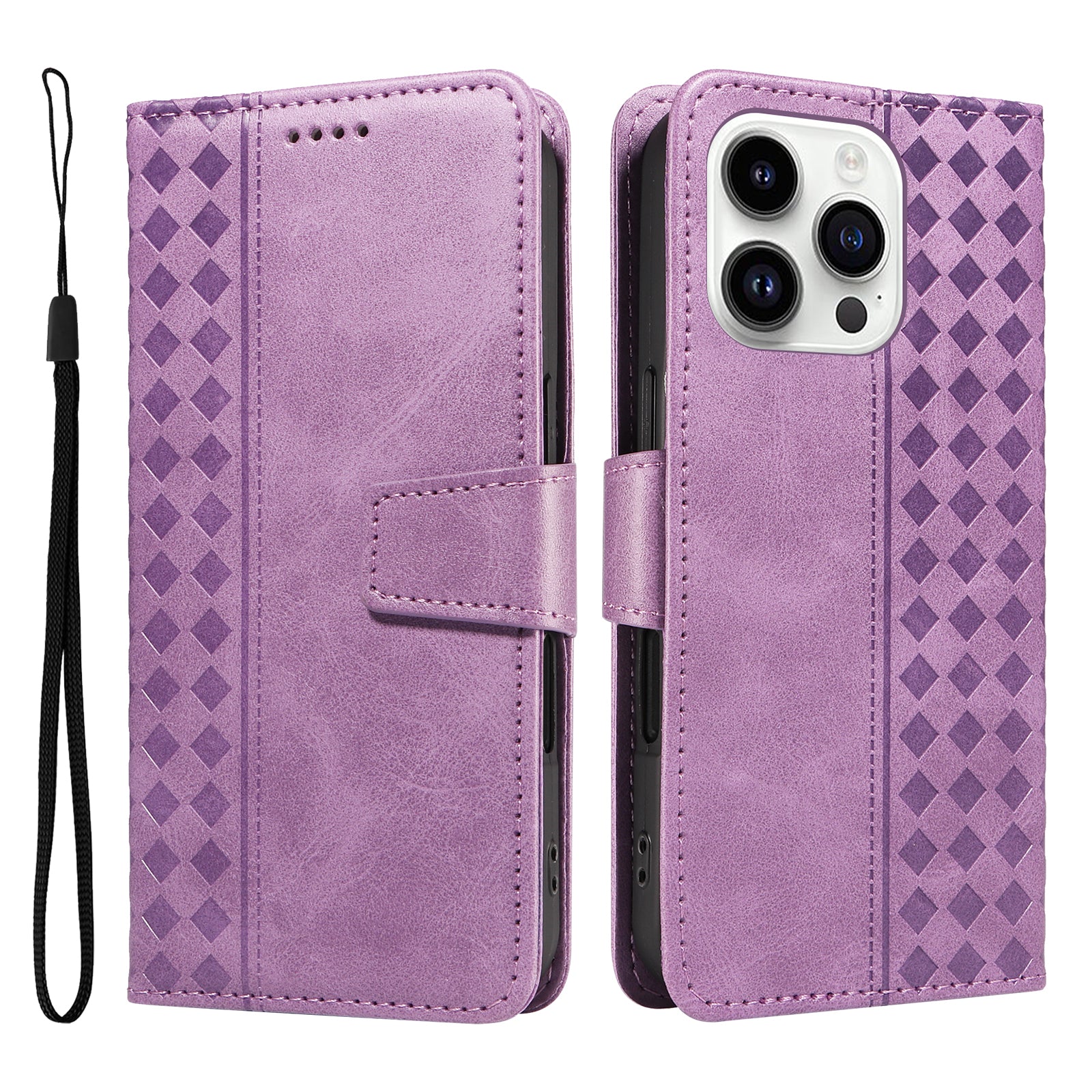 For iPhone 14 Pro Max Leather Case Wallet Stand Grids Imprinted Phone Cover with Strap - TechGearPal