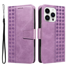For iPhone 14 Pro Max Leather Case Wallet Stand Grids Imprinted Phone Cover with Strap - TechGearPal