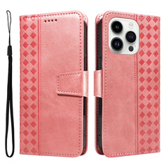 For iPhone 14 Pro Max Leather Case Wallet Stand Grids Imprinted Phone Cover with Strap - TechGearPal