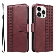 For iPhone 14 Pro Max Leather Case Wallet Stand Grids Imprinted Phone Cover with Strap - TechGearPal