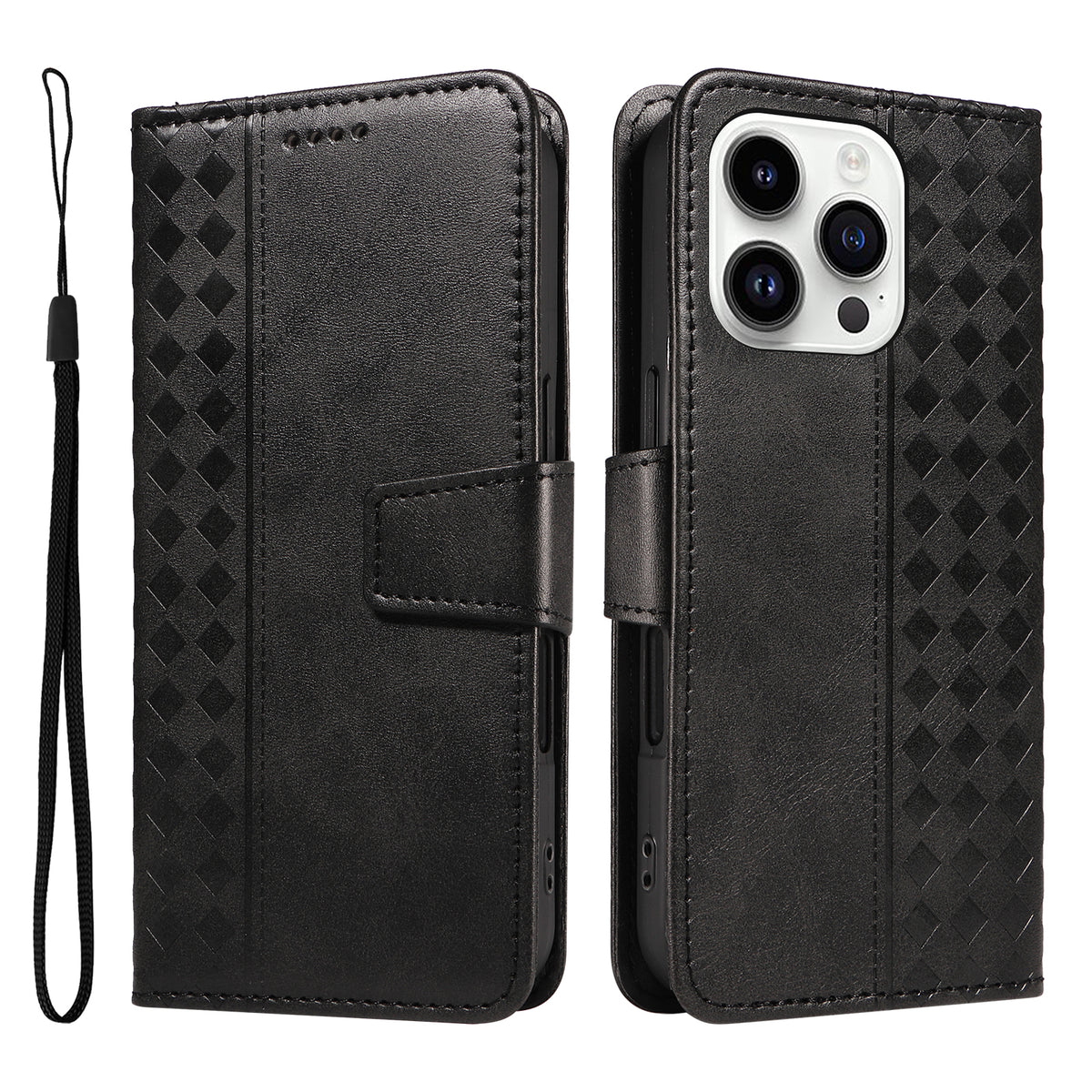 For iPhone 14 Pro Max Leather Case Wallet Stand Grids Imprinted Phone Cover with Strap - TechGearPal