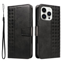 For iPhone 14 Pro Max Leather Case Wallet Stand Grids Imprinted Phone Cover with Strap - TechGearPal