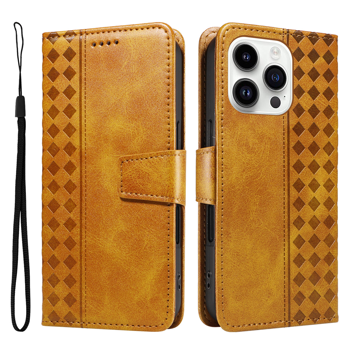For iPhone 14 Pro Leather Case Wallet Stand Grids Imprinted Phone Cover with Strap - TechGearPal