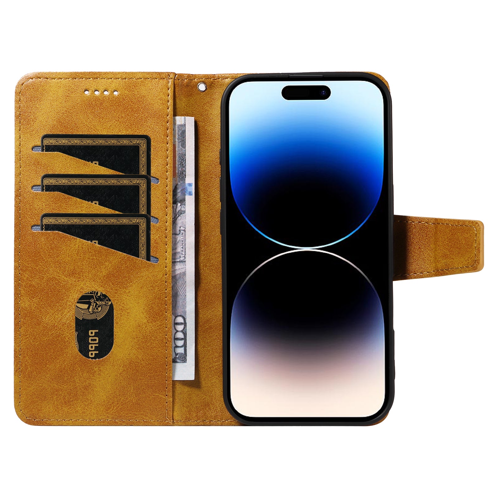 For iPhone 14 Pro Leather Case Wallet Stand Grids Imprinted Phone Cover with Strap - TechGearPal