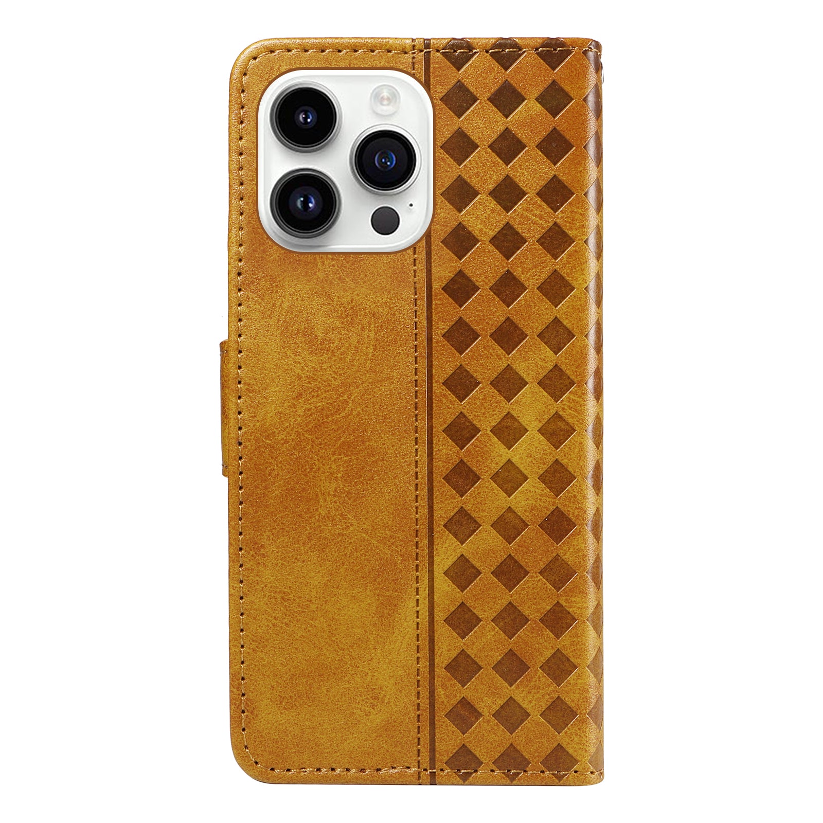 For iPhone 14 Pro Leather Case Wallet Stand Grids Imprinted Phone Cover with Strap - TechGearPal