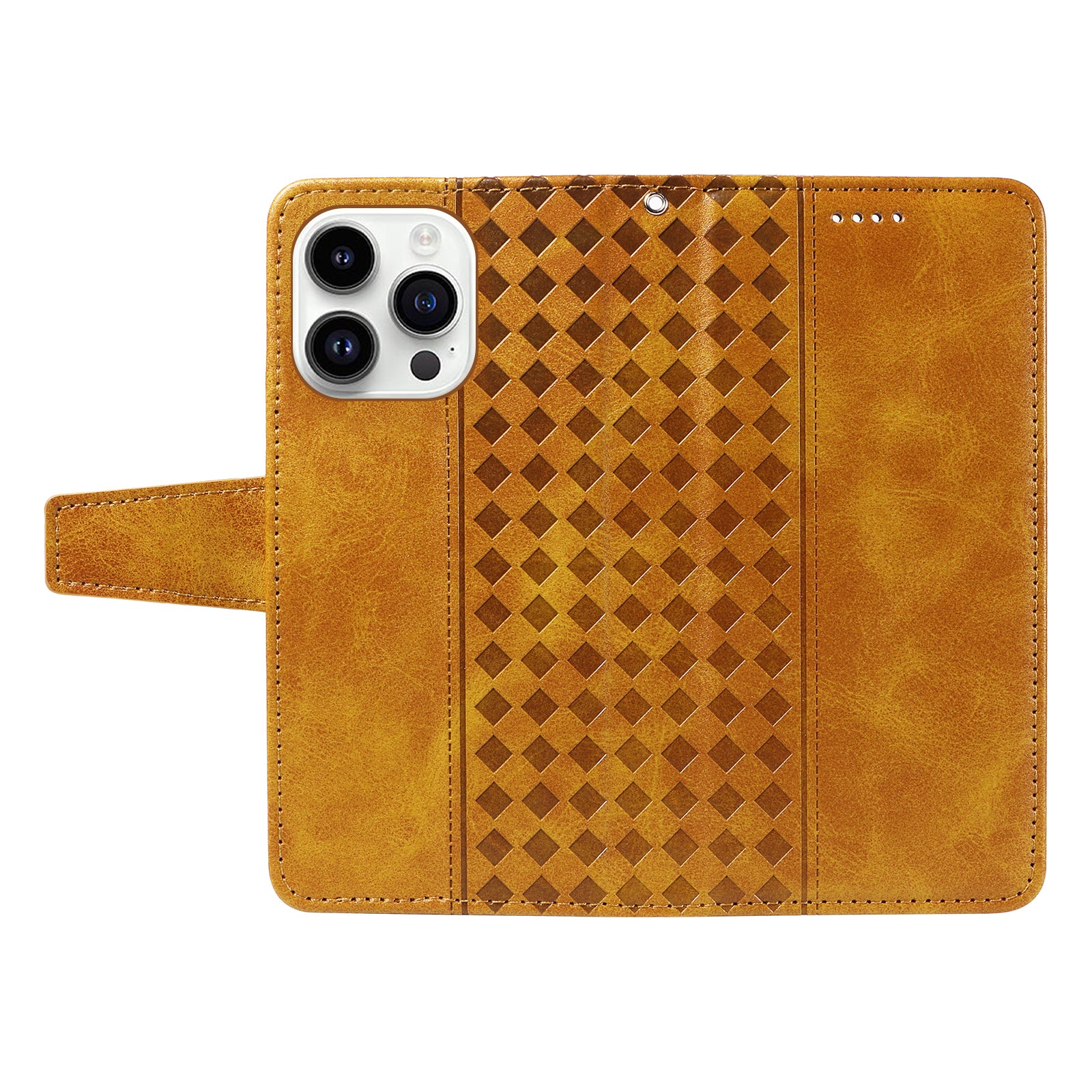For iPhone 14 Pro Leather Case Wallet Stand Grids Imprinted Phone Cover with Strap - TechGearPal