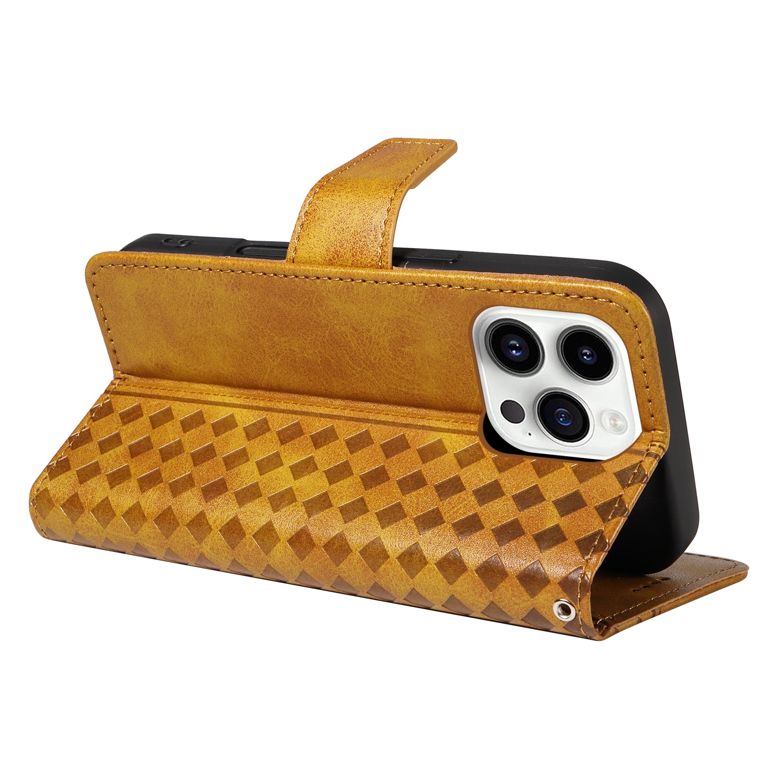 For iPhone 14 Pro Leather Case Wallet Stand Grids Imprinted Phone Cover with Strap - TechGearPal