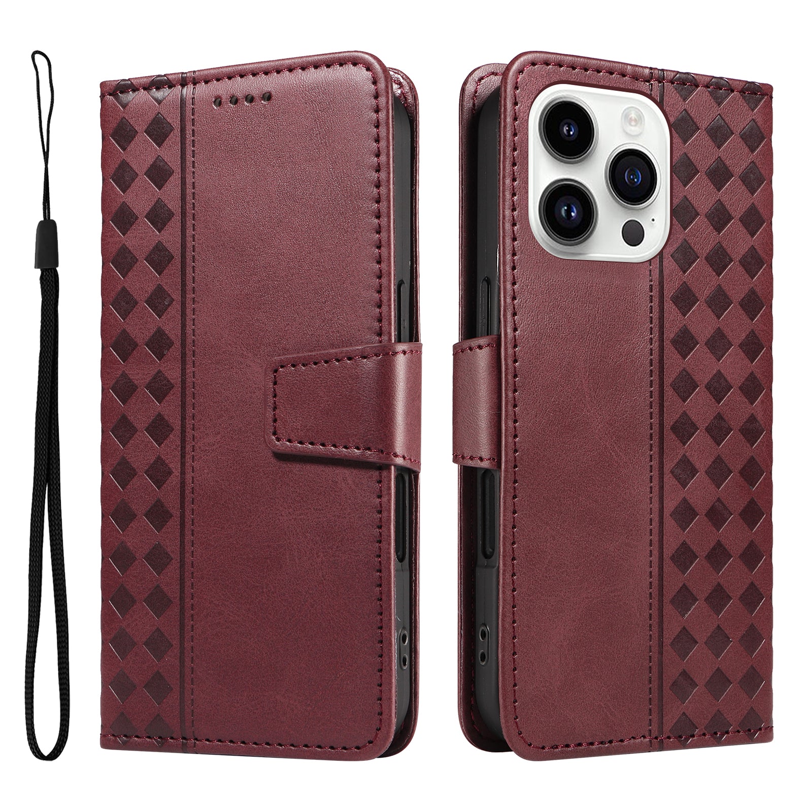 For iPhone 14 Pro Leather Case Wallet Stand Grids Imprinted Phone Cover with Strap - TechGearPal