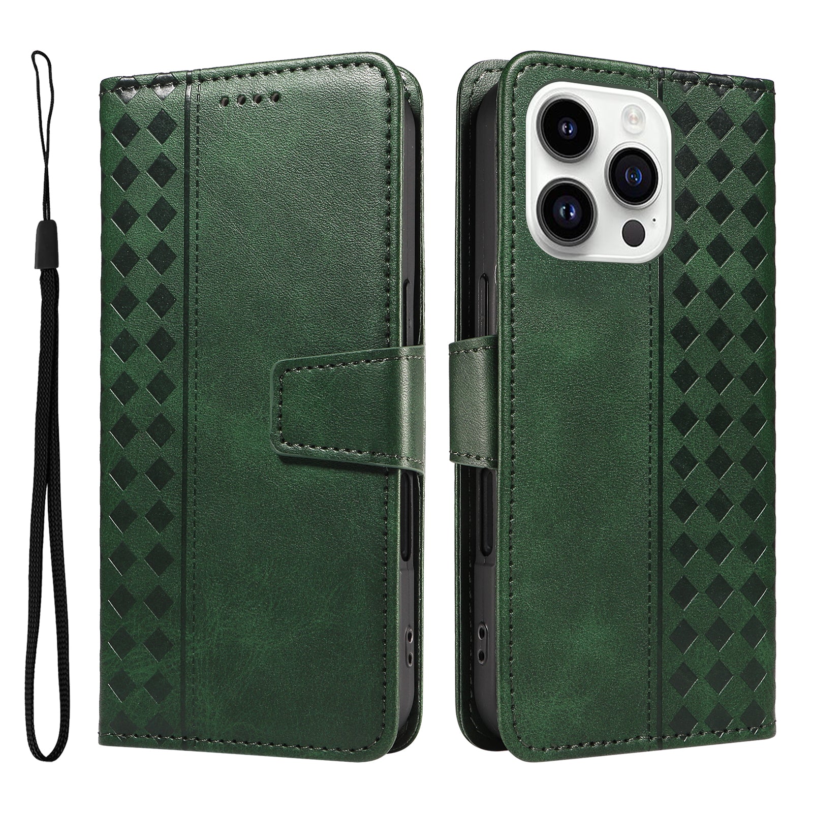 For iPhone 14 Pro Leather Case Wallet Stand Grids Imprinted Phone Cover with Strap - TechGearPal