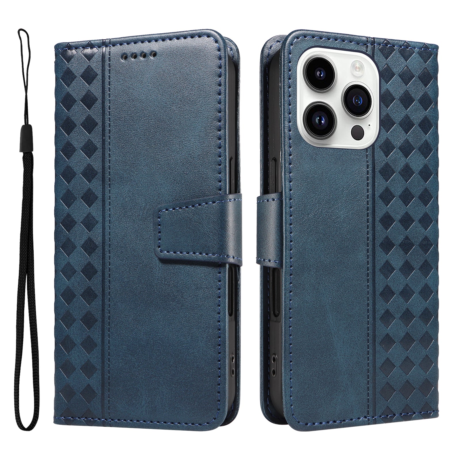 For iPhone 14 Pro Leather Case Wallet Stand Grids Imprinted Phone Cover with Strap - TechGearPal