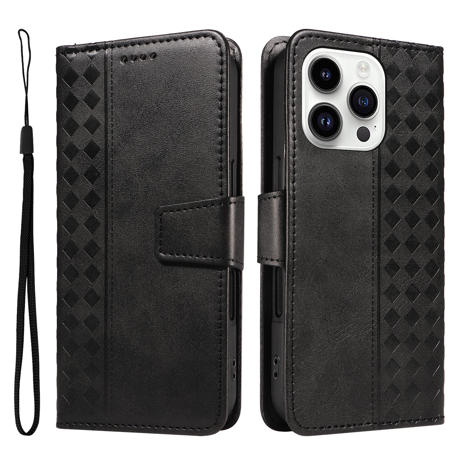 For iPhone 14 Pro Leather Case Wallet Stand Grids Imprinted Phone Cover with Strap - TechGearPal