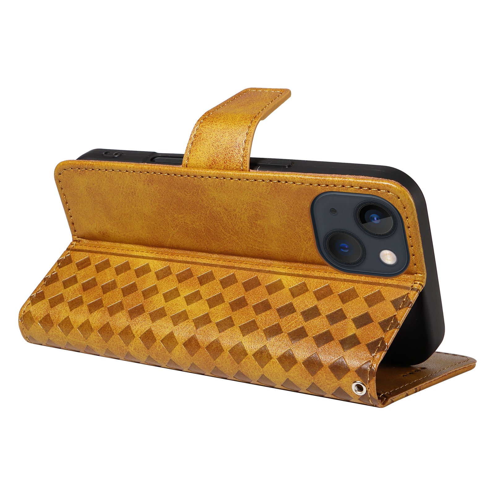 For iPhone 14 Leather Case Wallet Stand Grids Imprinted Phone Cover with Strap - TechGearPal