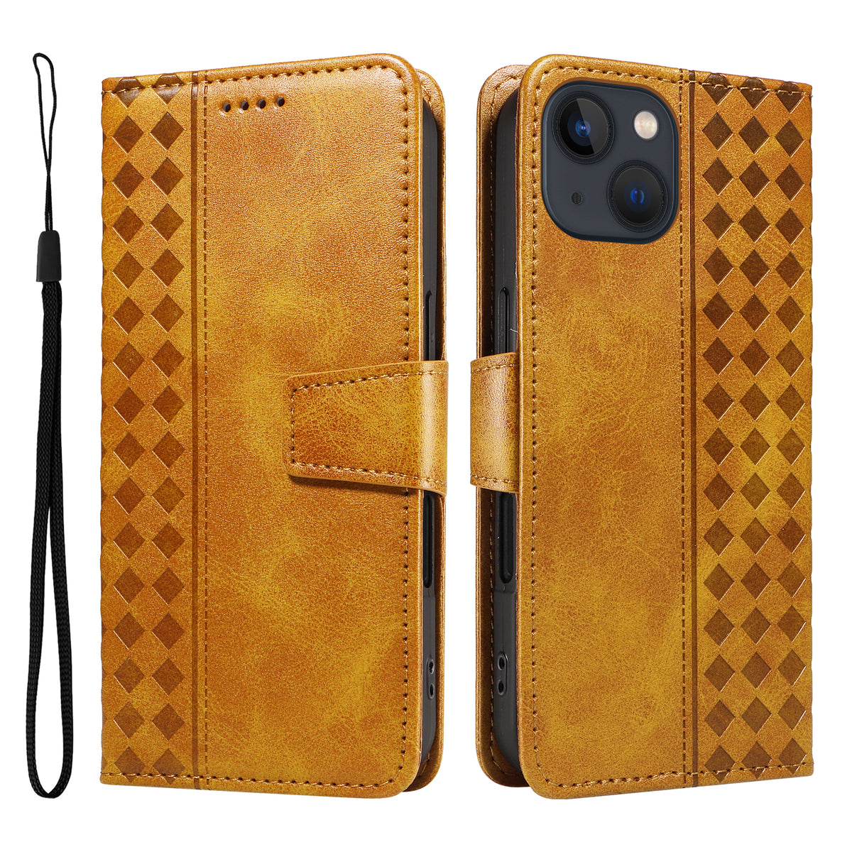 For iPhone 14 Leather Case Wallet Stand Grids Imprinted Phone Cover with Strap - TechGearPal