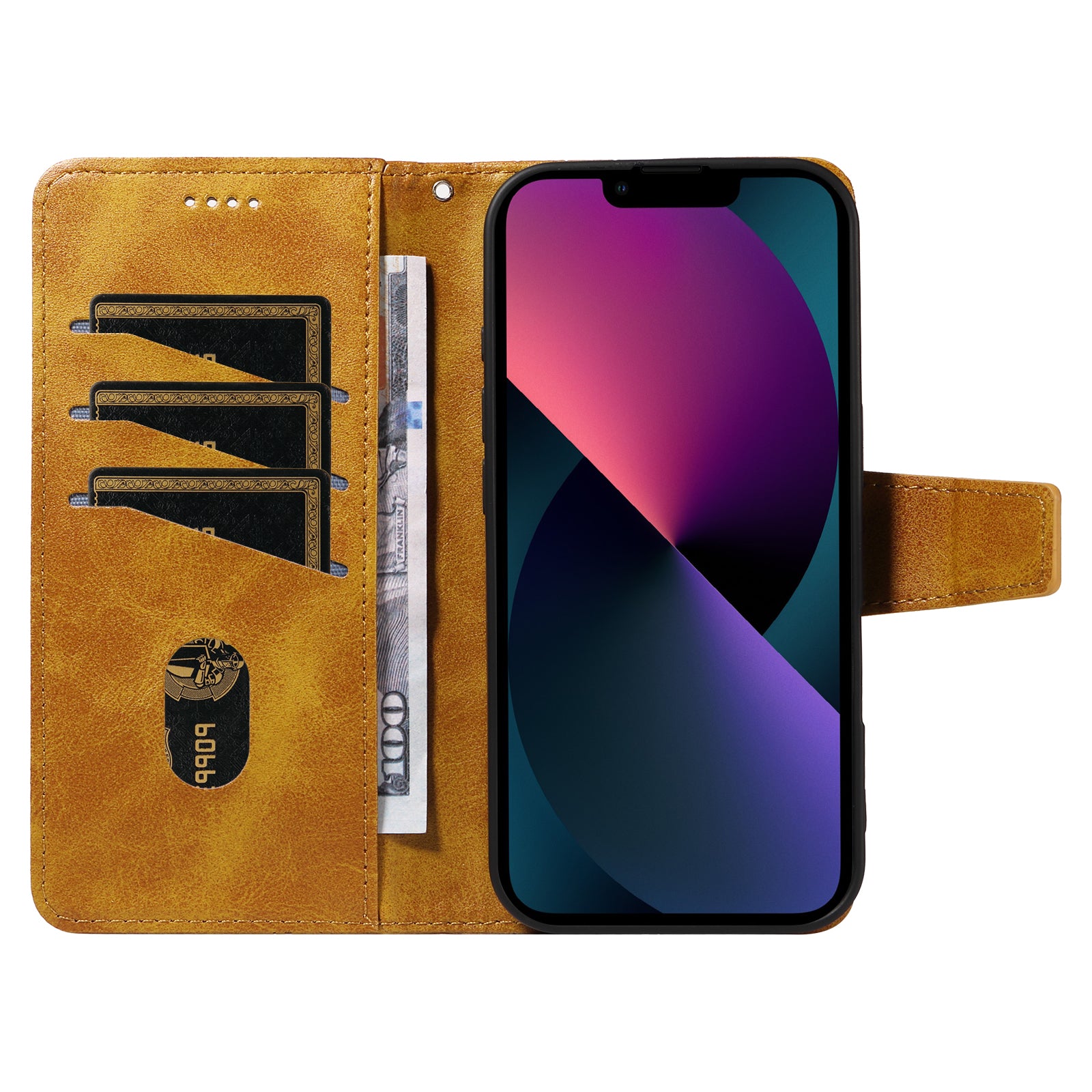 For iPhone 14 Leather Case Wallet Stand Grids Imprinted Phone Cover with Strap - TechGearPal