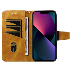 For iPhone 14 Leather Case Wallet Stand Grids Imprinted Phone Cover with Strap - TechGearPal