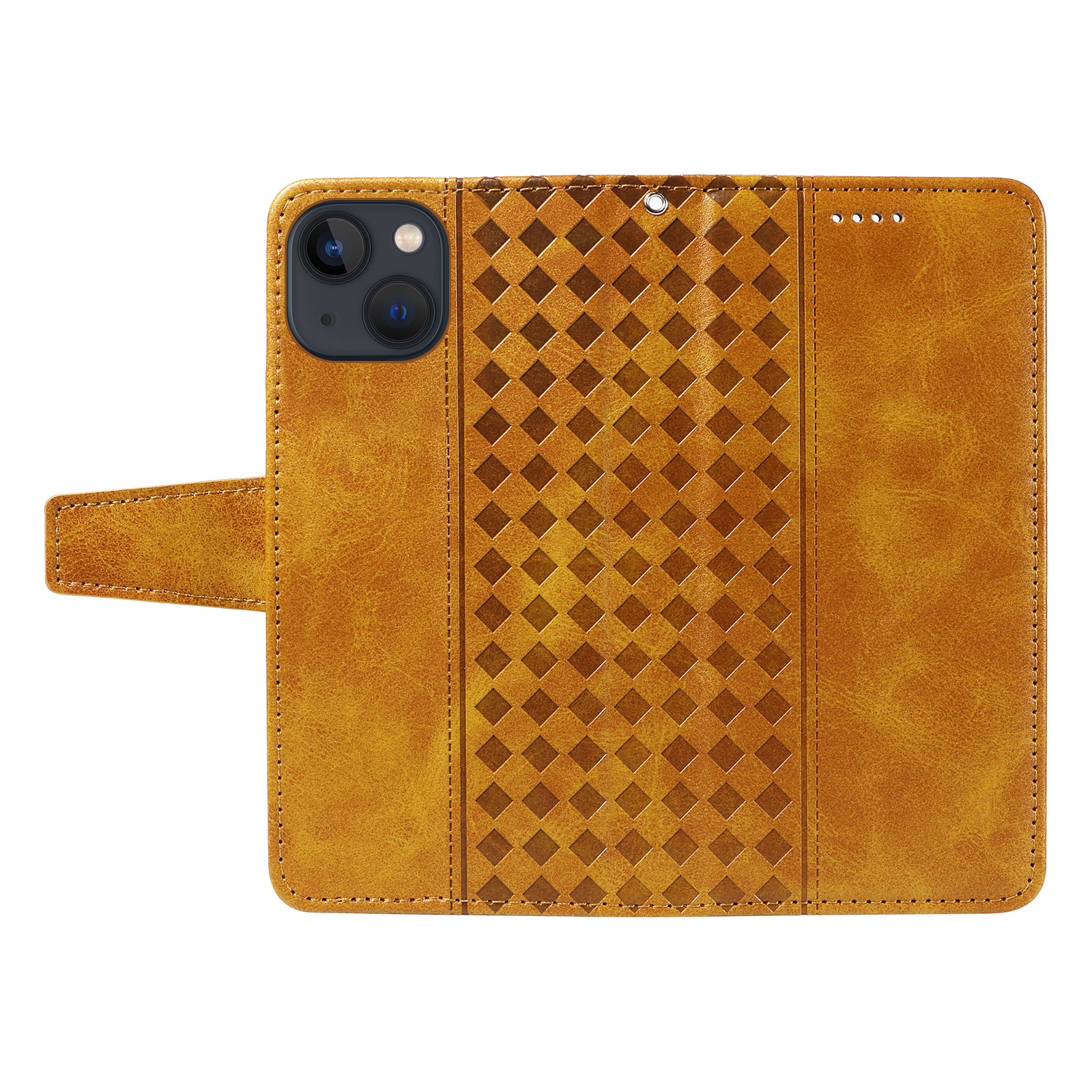 For iPhone 14 Leather Case Wallet Stand Grids Imprinted Phone Cover with Strap - TechGearPal