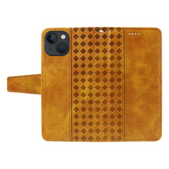 For iPhone 14 Leather Case Wallet Stand Grids Imprinted Phone Cover with Strap - TechGearPal
