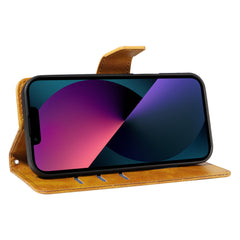 For iPhone 14 Leather Case Wallet Stand Grids Imprinted Phone Cover with Strap - TechGearPal