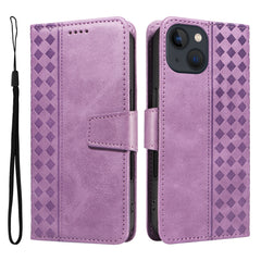 For iPhone 14 Leather Case Wallet Stand Grids Imprinted Phone Cover with Strap - TechGearPal