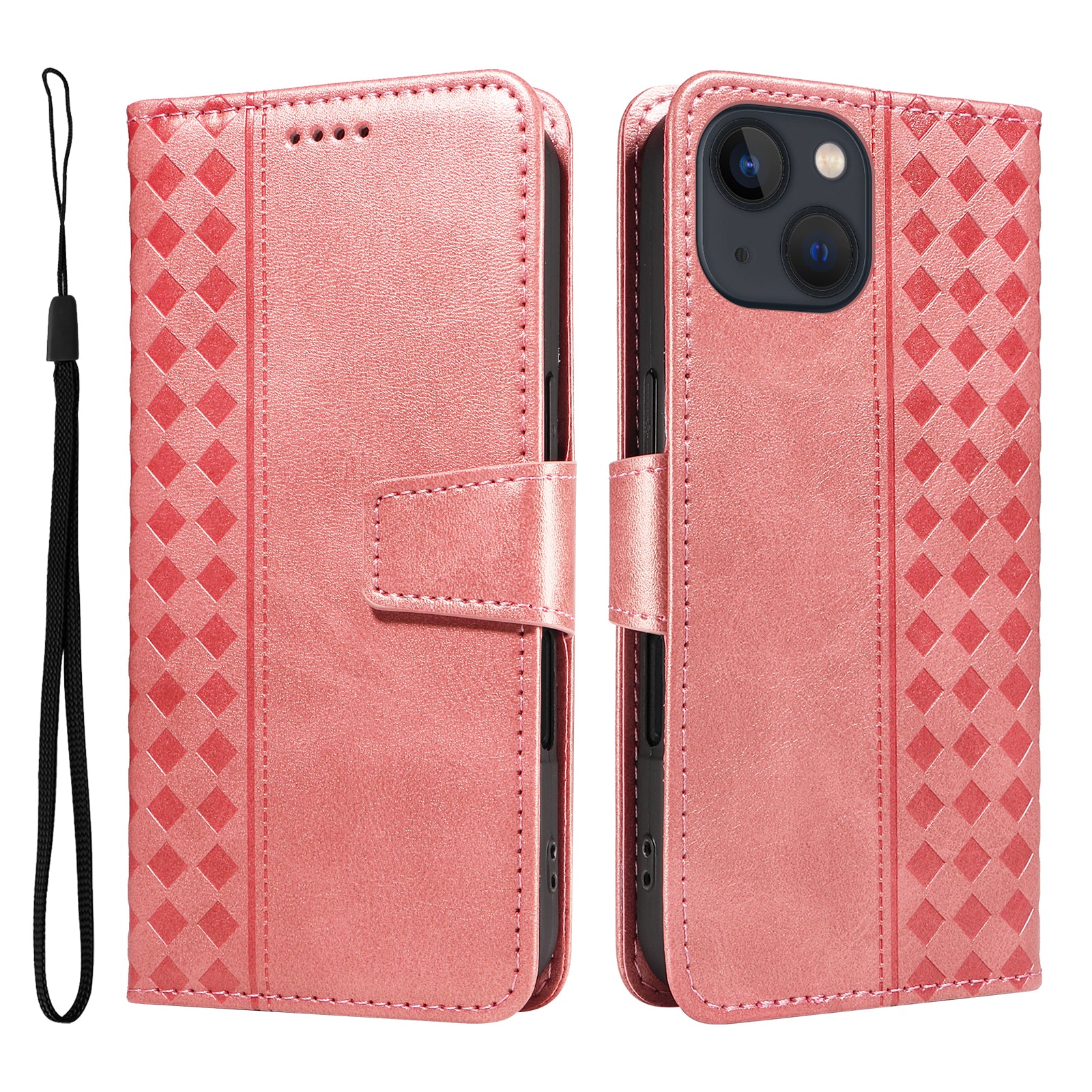 For iPhone 14 Leather Case Wallet Stand Grids Imprinted Phone Cover with Strap - TechGearPal