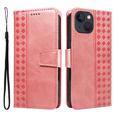 For iPhone 14 Leather Case Wallet Stand Grids Imprinted Phone Cover with Strap - TechGearPal