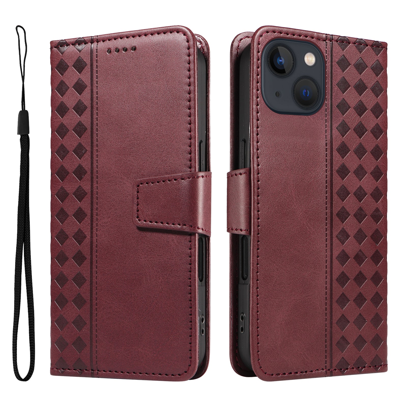 For iPhone 14 Leather Case Wallet Stand Grids Imprinted Phone Cover with Strap - TechGearPal