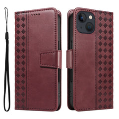 For iPhone 14 Leather Case Wallet Stand Grids Imprinted Phone Cover with Strap - TechGearPal