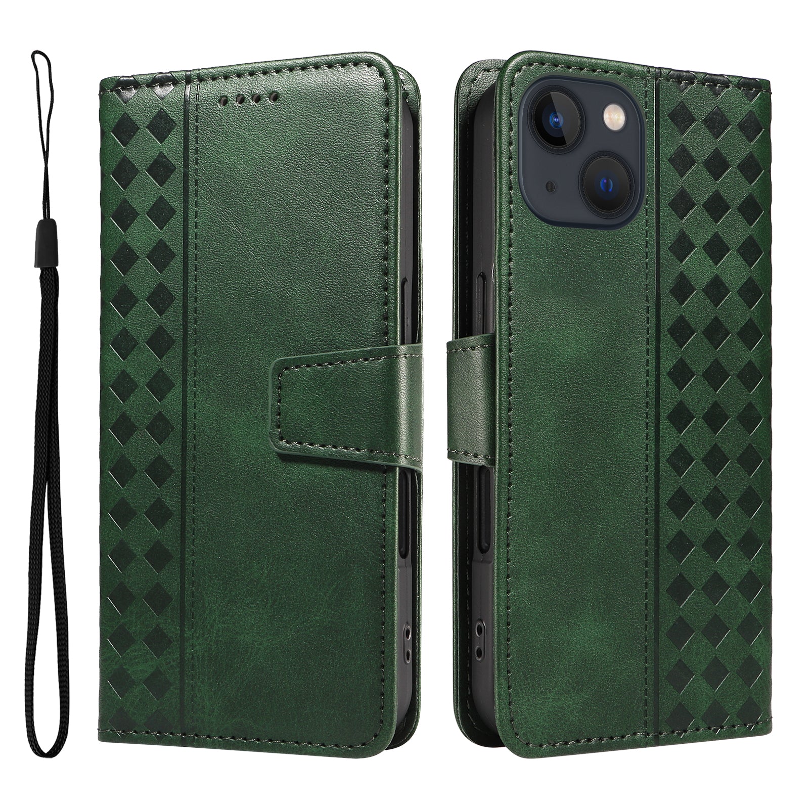 For iPhone 14 Leather Case Wallet Stand Grids Imprinted Phone Cover with Strap - TechGearPal
