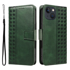 For iPhone 14 Leather Case Wallet Stand Grids Imprinted Phone Cover with Strap - TechGearPal